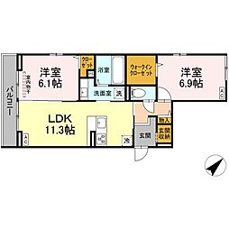 プレミア西条中央A棟 3階2LDKの間取り