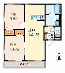 リッチンコートII 2階2LDKの間取り
