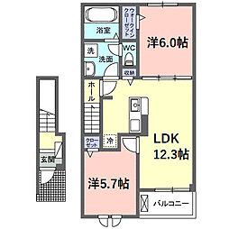 サニーセトル拾弐号館 2階2LDKの間取り