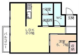 自由空間クラレ 2階1LDKの間取り