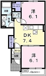 クイーンズ 1階2DKの間取り