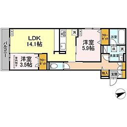 D-residence東手城 102 1階2LDKの間取り