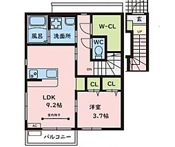 プランドール雷神 2階1LDKの間取り