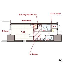 Primavera Minamimorimachi 13階1Kの間取り