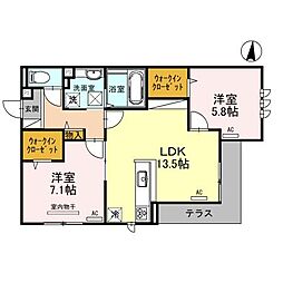 アーバンクロス 1階2LDKの間取り
