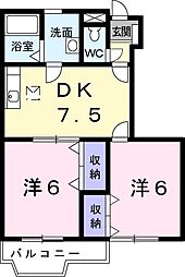 プラターヌ 1階2DKの間取り