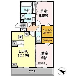 シャンテ　フルール 1階2LDKの間取り