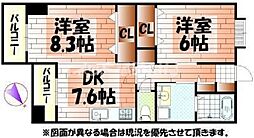 アンビエンテ宇部 8階2DKの間取り