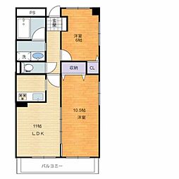 こぐまマンション久米町II 3階2LDKの間取り