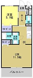 ソルーナ松橋 2階1LDKの間取り