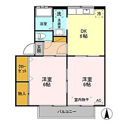 プルニエＫ 1階2DKの間取り