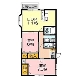 アイリス・クシマＢ棟 1階2LDKの間取り