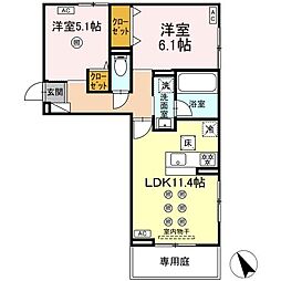リバーサイドベース 1階2LDKの間取り