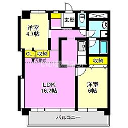 JR両毛線 前橋駅 徒歩14分の賃貸マンション 2階2LDKの間取り