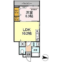 メロディア原口　C棟 1階1LDKの間取り