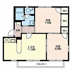 フレグランス大北 A 2階2LDKの間取り