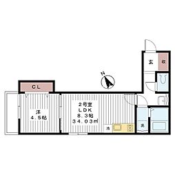 ＡＪ船橋 2階1LDKの間取り