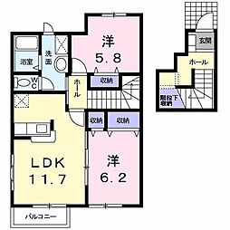 レーヴ・パルティール　Ａ棟 2階2LDKの間取り