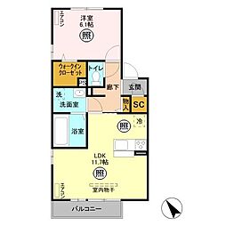 ディバージュ 2階1LDKの間取り
