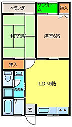 グリーンヒル原 106 1階2DKの間取り