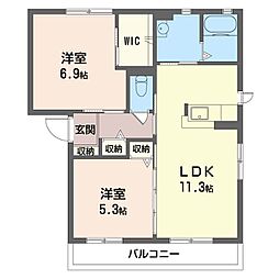 東武伊勢崎線 太田駅 4.2kmの賃貸アパート 2階2LDKの間取り