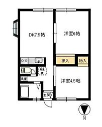 高田ハイツA 2DKの間取図画像