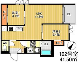 レガリスト大橋 2LDKの間取図画像
