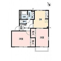 グランウッドB棟 2DKの間取図画像