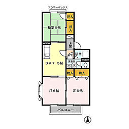西武拝島線 玉川上水駅 徒歩15分の賃貸アパート 2階3DKの間取り