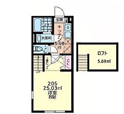 ドリームコート八王子 2階1Kの間取り