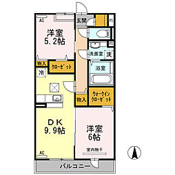 Amour櫻花 3階2DKの間取り