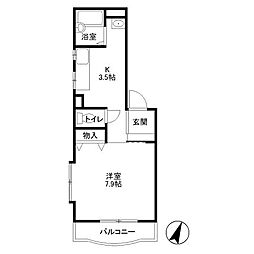 ケンハイム 1階1Kの間取り