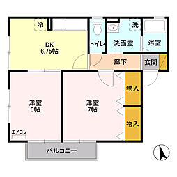 セジュール結城　Ｂ 2階2DKの間取り