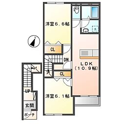 名鉄常滑線 名和駅 徒歩13分の賃貸アパート 2階2LDKの間取り