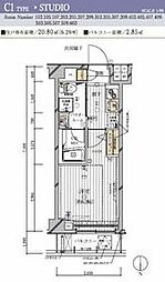 メインステージ多摩川III 6階1Kの間取り