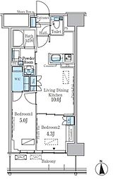 JR総武線 大久保駅 徒歩6分の賃貸マンション 4階2LDKの間取り