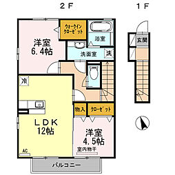 愛知環状鉄道 山口駅 徒歩5分の賃貸アパート 2階2LDKの間取り