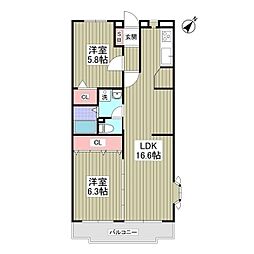 リブレス牛久 2階2LDKの間取り