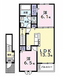 プランドールＢ 2階2LDKの間取り