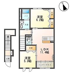 Ｆｅｌｉｃｅ　Ｂ　（フェリーチェビー） 2階2LDKの間取り