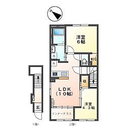 JR武蔵野線 三郷駅 徒歩20分の賃貸アパート 2階2LDKの間取り