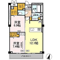 つくばエクスプレス 守谷駅 徒歩10分の賃貸マンション 2階2LDKの間取り
