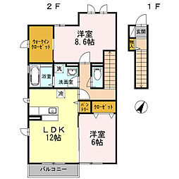 京王高尾線 めじろ台駅 徒歩18分の賃貸アパート 2階2LDKの間取り