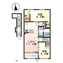 近鉄名古屋線 戸田駅 4.6kmの賃貸アパート 2階2LDKの間取り