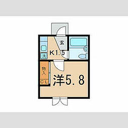 ウッドハウス 1階1Kの間取り