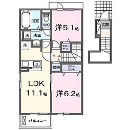 JR常磐線 友部駅 バス4分 アフターケアー下車 徒歩7分の賃貸アパート 2階2LDKの間取り