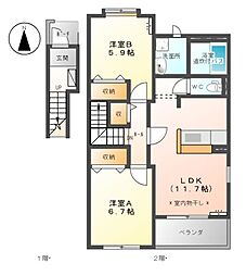 ジェム　フォレストII 2階2LDKの間取り