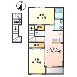 JR常磐線 牛久駅 バス5分 高見原団地入口下車 徒歩3分の賃貸アパート 2階2LDKの間取り