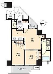 都営大江戸線 東新宿駅 徒歩1分の賃貸マンション 6階2LDKの間取り