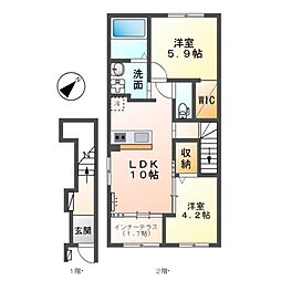 関東鉄道常総線 稲戸井駅 徒歩3分の賃貸アパート 2階2LDKの間取り